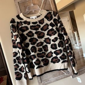 Sweater Planet Gold Leopard Print Brown Crewneck Womens Small